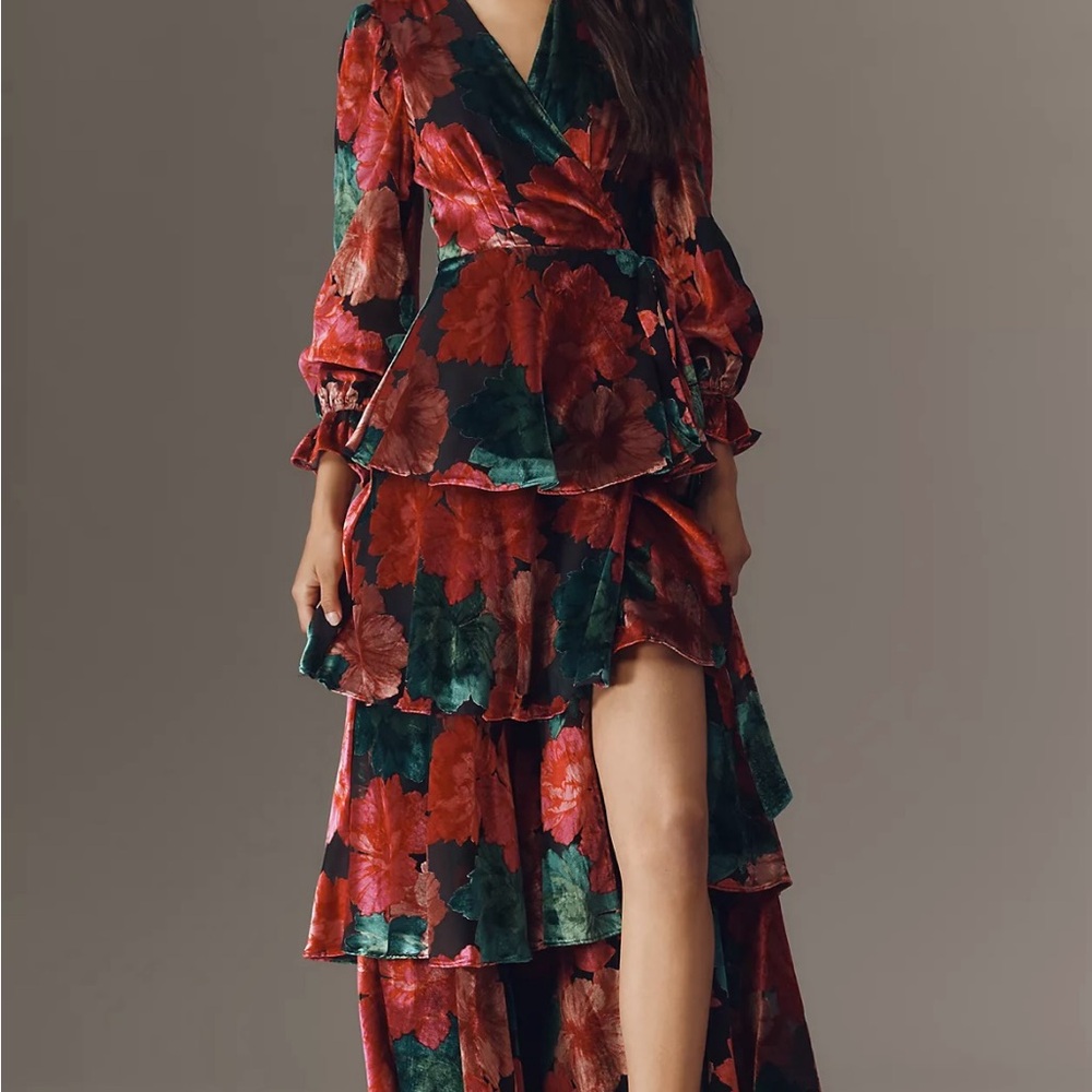 Hutch Tiered Ruffle Dress in Red and Green Watercolor Floral